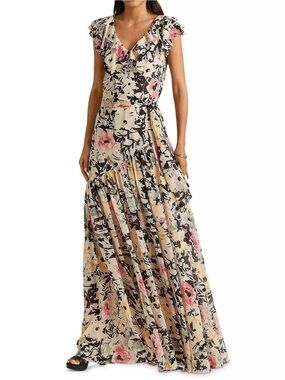 Ralph Lauren Floral Chiffon Gown  Maxi Dress Cream with Pink Floral Print 10